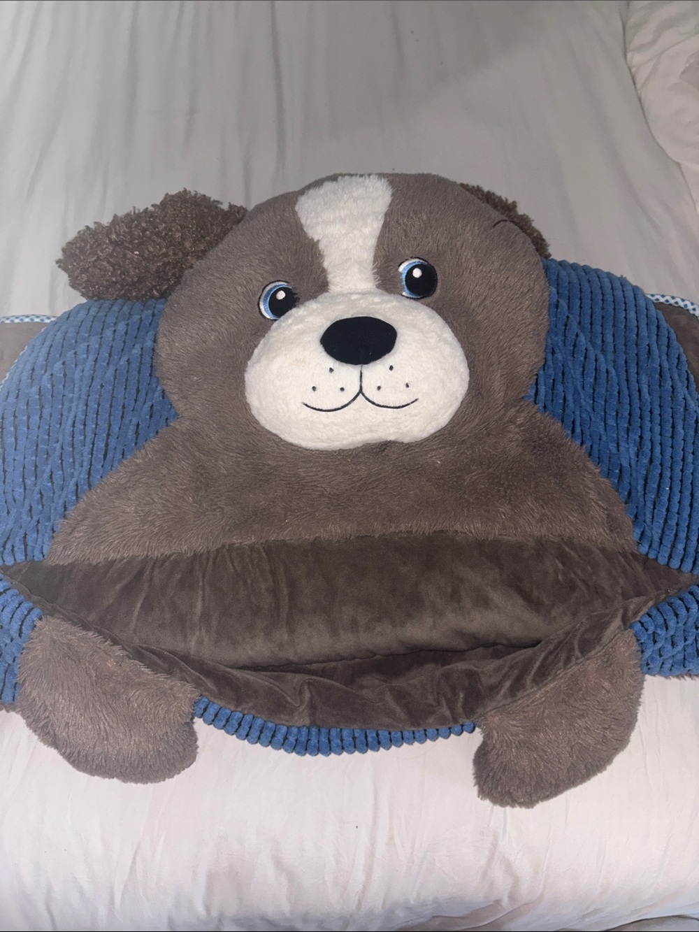 Plush Brown Puppy Floor Pillow Sleeping Bag with Blue Backing
